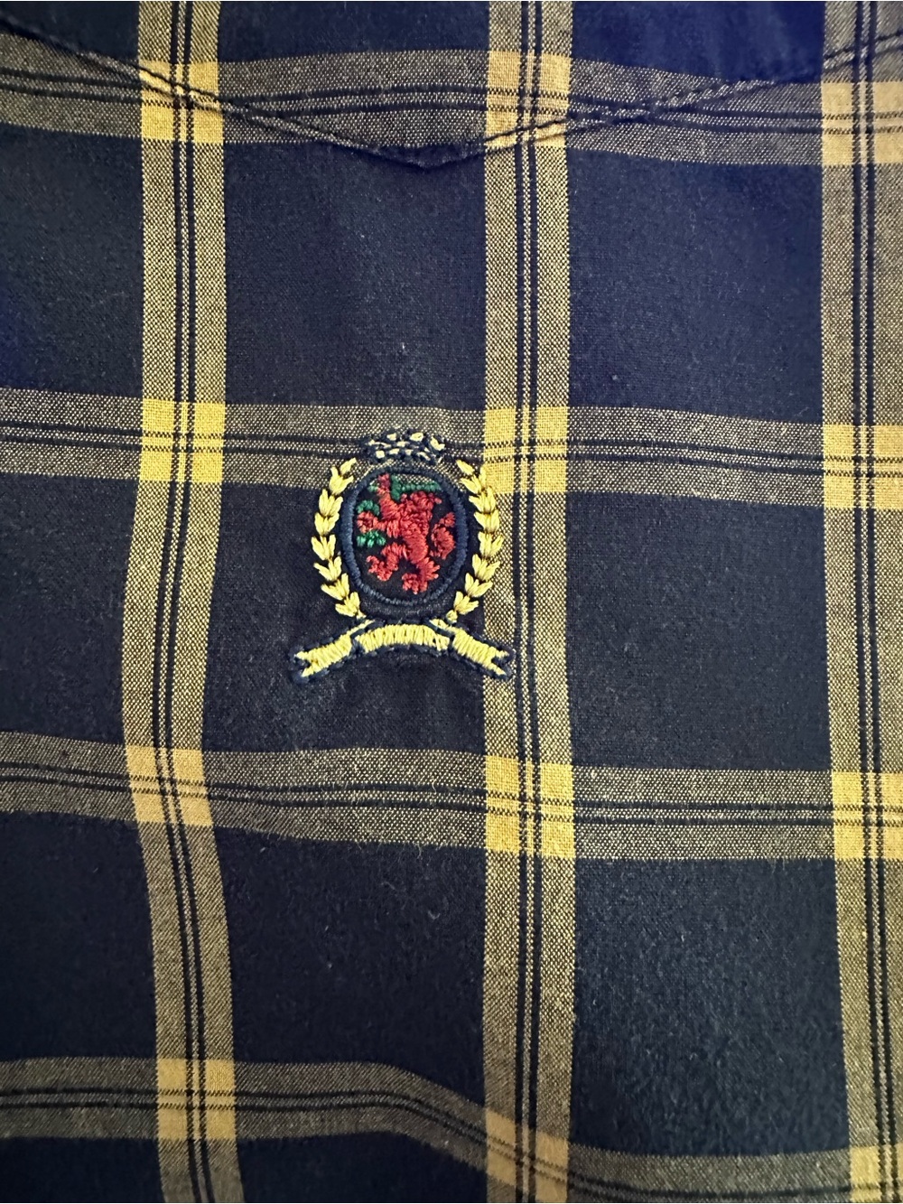 Tommy Hilfiger Navy and Yellow Plaid Long sleeve button up Shirt with Crest